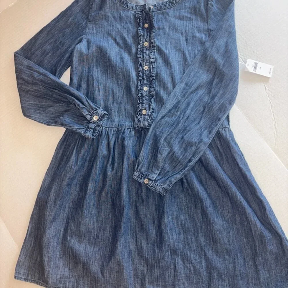 NEW NWT Girls Gap Long Sleeve Denim Ruffle Chambray Dress size Large